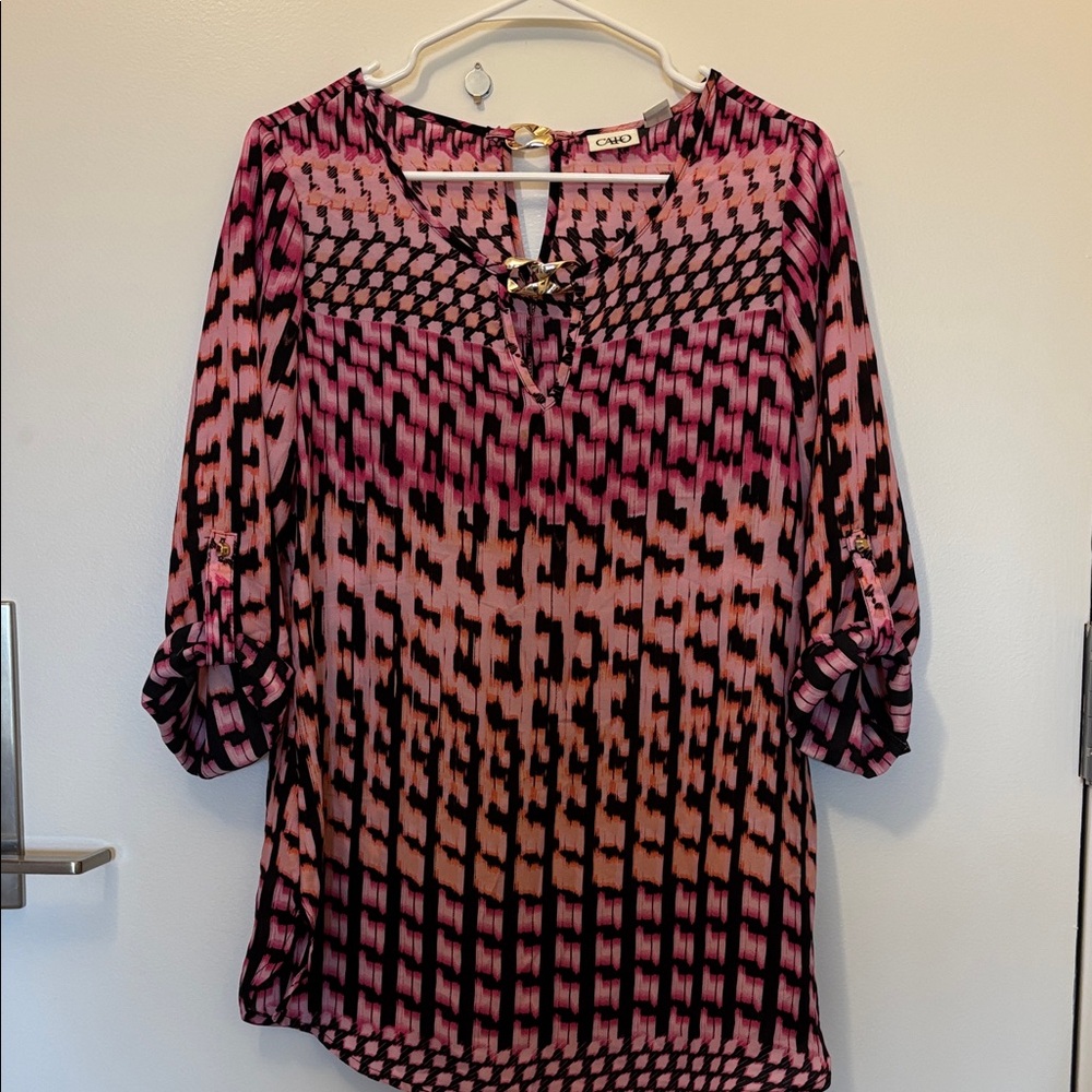 Cato Pink & Black Geometric Print Roll-Tab Tunic